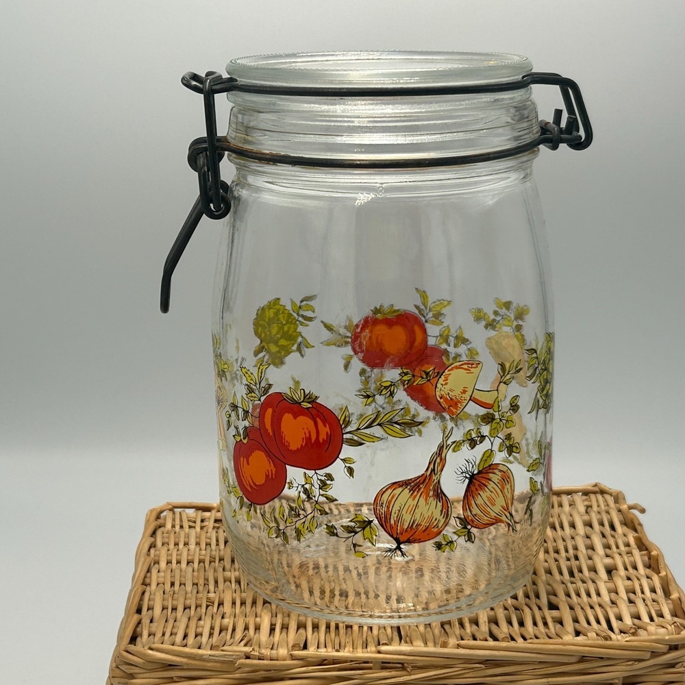 Vintage Canister Jar 70s Mushroom GLASS Hinged 1L France SPICE OF LIFE Cottage